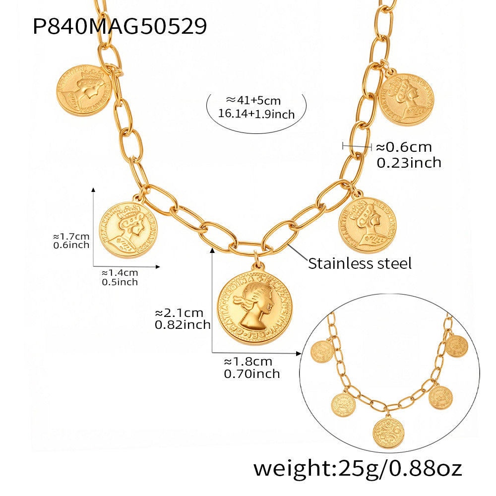 女王肖像双面多环吊坠项链 不锈钢