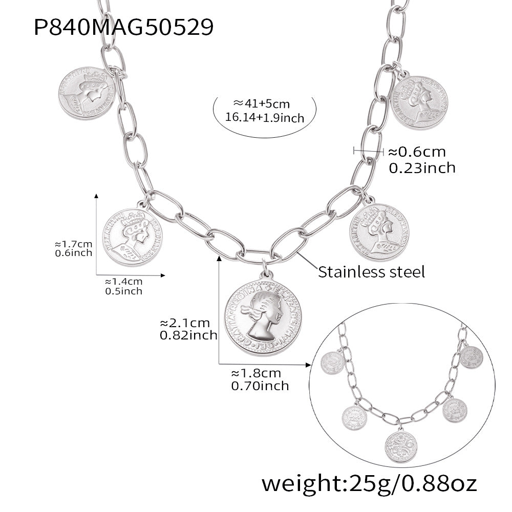 Queen's Portrait Double-sided multi-circle Pendant Necklace Stainless Steel