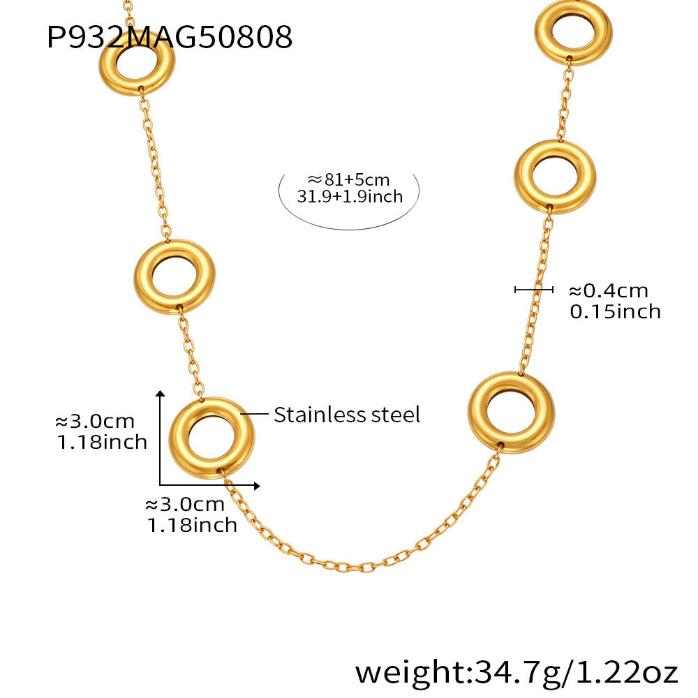 Stainless Steel Hollow Ring Long Two-tone Sweater Chain Necklace