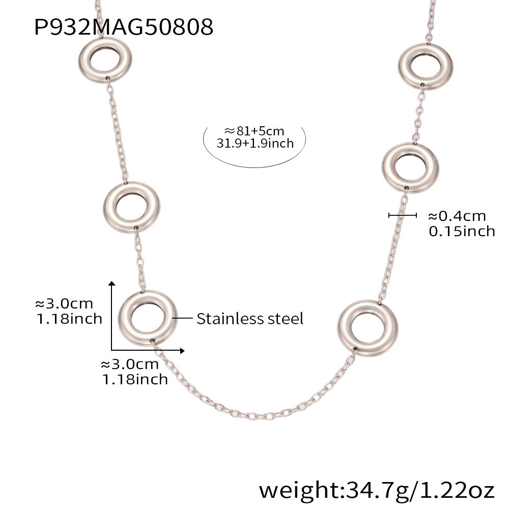 Stainless Steel Hollow Ring Long Two-tone Sweater Chain Necklace