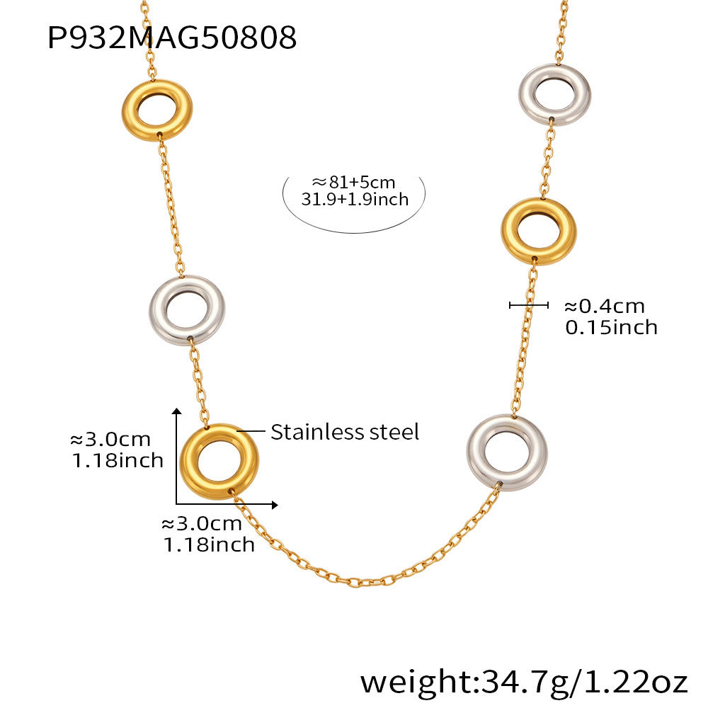 Stainless Steel Hollow Ring Long Two-tone Sweater Chain Necklace