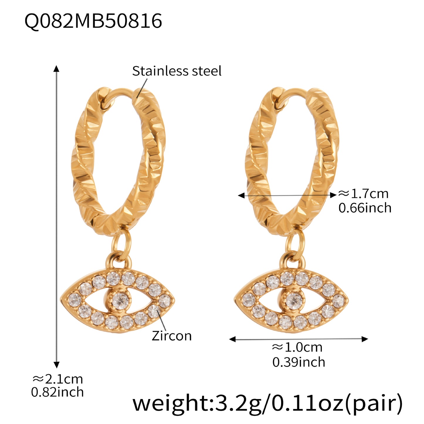 Pendientes de acero inoxidable con circonitas en forma de ojo de diablo en oro de 18 quilates
