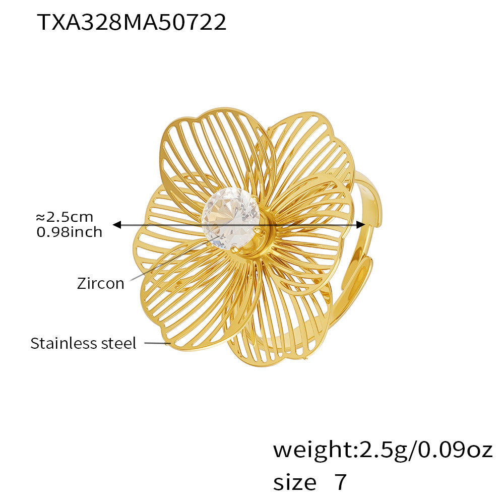 Zirconia Flower Tassel Ring Stainless Steel