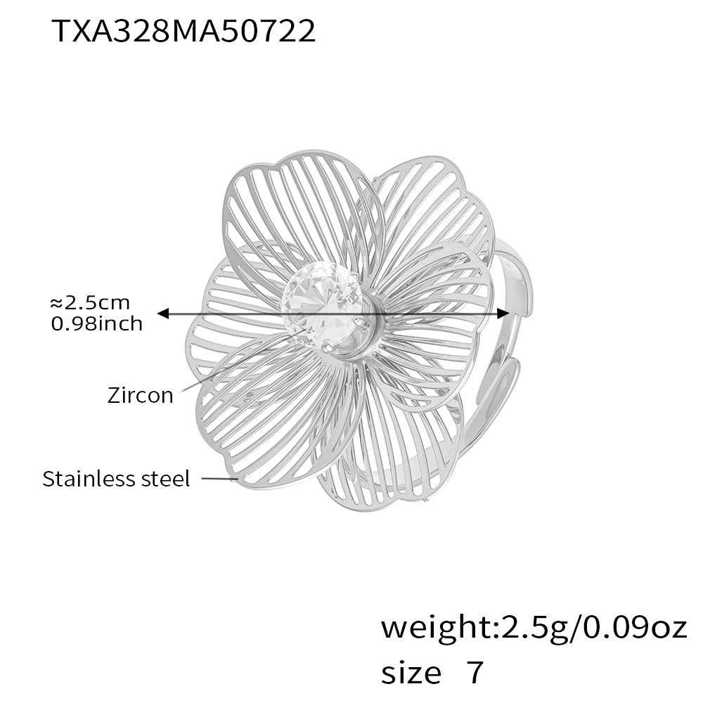 Zirconia Flower Tassel Ring Stainless Steel