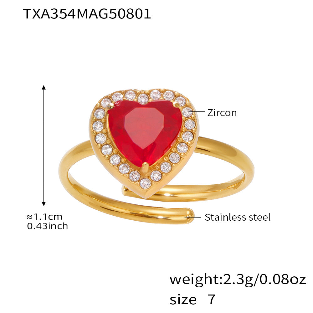 Starry Red Heart Rings With Zircon Stainless Steel
