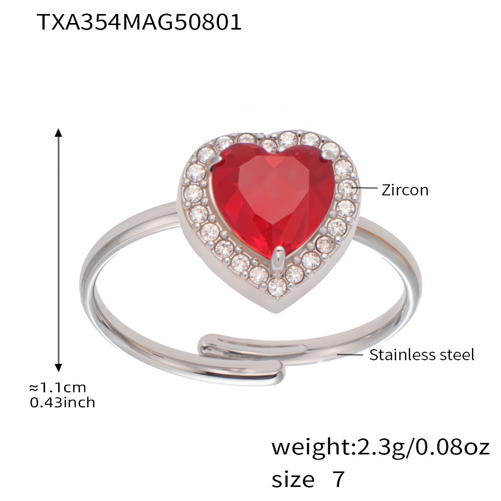 Starry Red Heart Rings With Zircon Stainless Steel