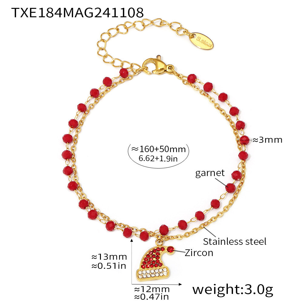 Stainless Steel Zircon Christmas Hat Pendant Garnet Double Necklace