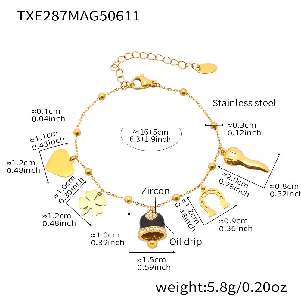 Colored Glaze Bell Heart Charm Bracelet Stainless Steel