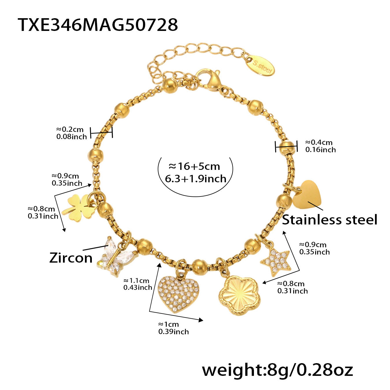 5A Zircon Heart Flower Bracelet Stainless Steel