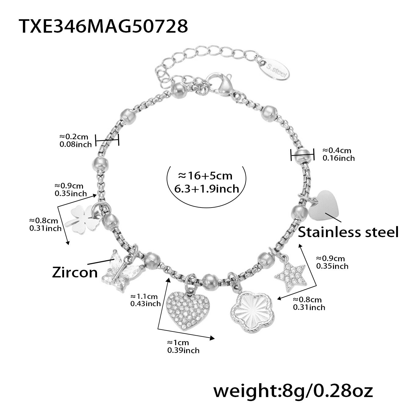 5A Zircon Heart Flower Bracelet Stainless Steel