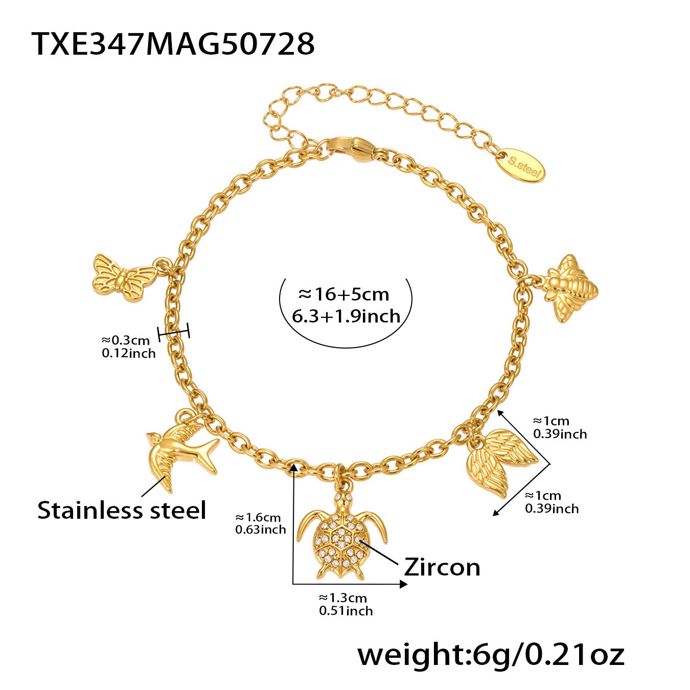 Stainless Steel Bracelet With Zircon Charm 18K Gold