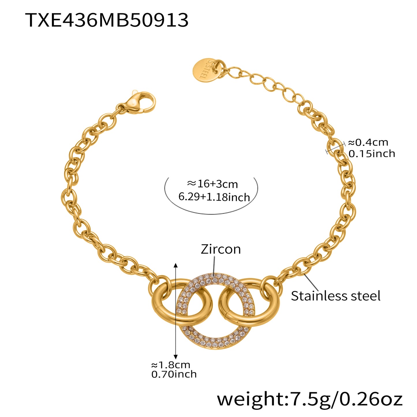 Stainless Steel Zircon Hoop Hand-Stitched Bracelet Gold Color