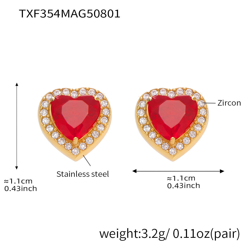 Starry Red Zircon Heart Earrings Stainless Steel