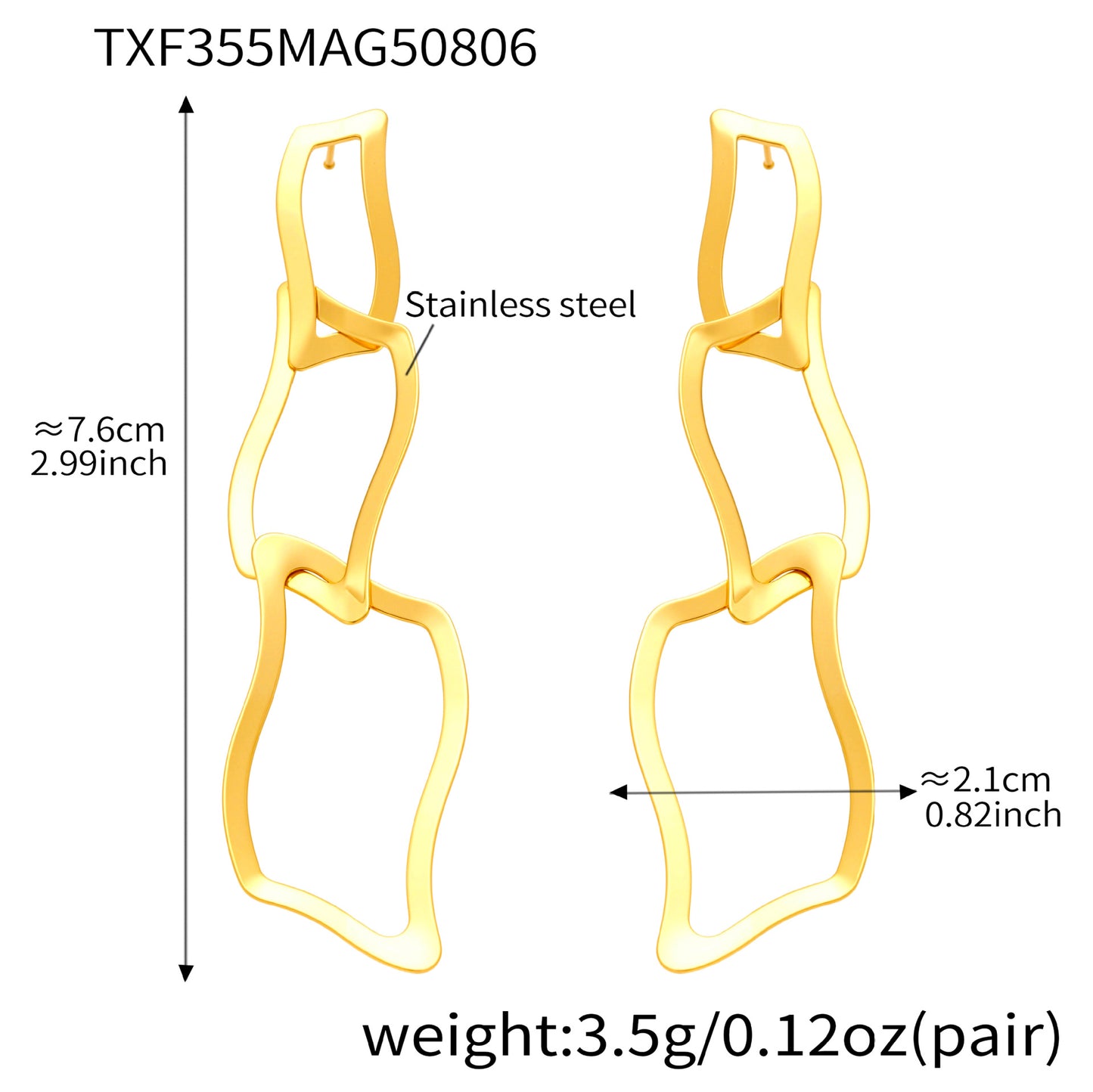 Gold earrings with measurements and material details on a white background
