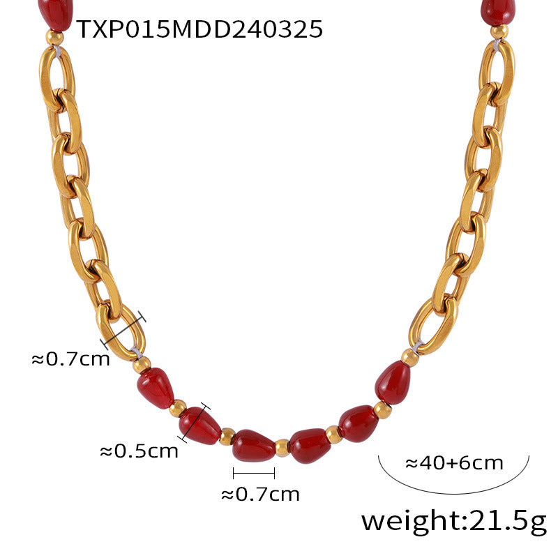 Red Agate Garnet Beaded Necklace Stainless Steel