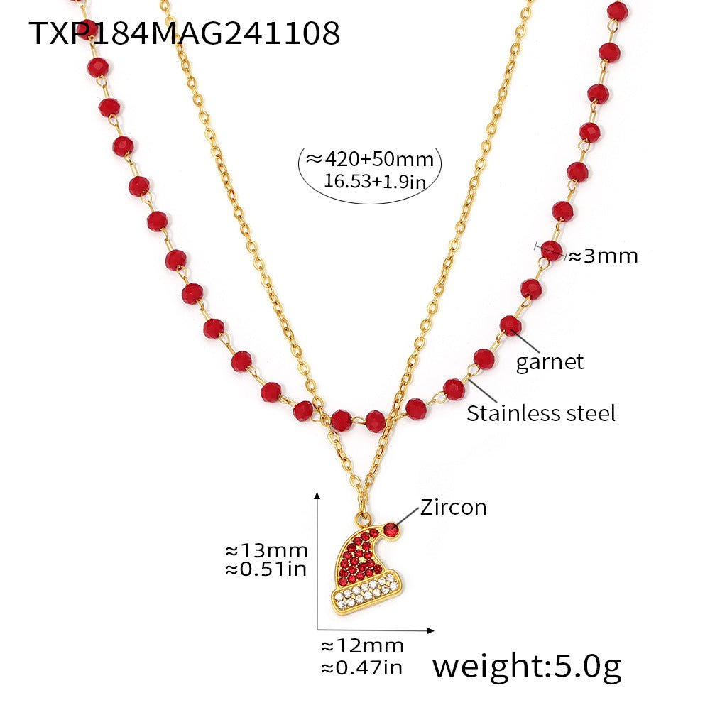Stainless Steel Zircon Christmas Hat Pendant Garnet Double Bracelet
