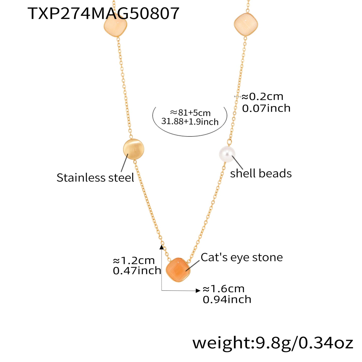 Collar largo apilable de clavícula con ojo de gato cuadrado color caramelo