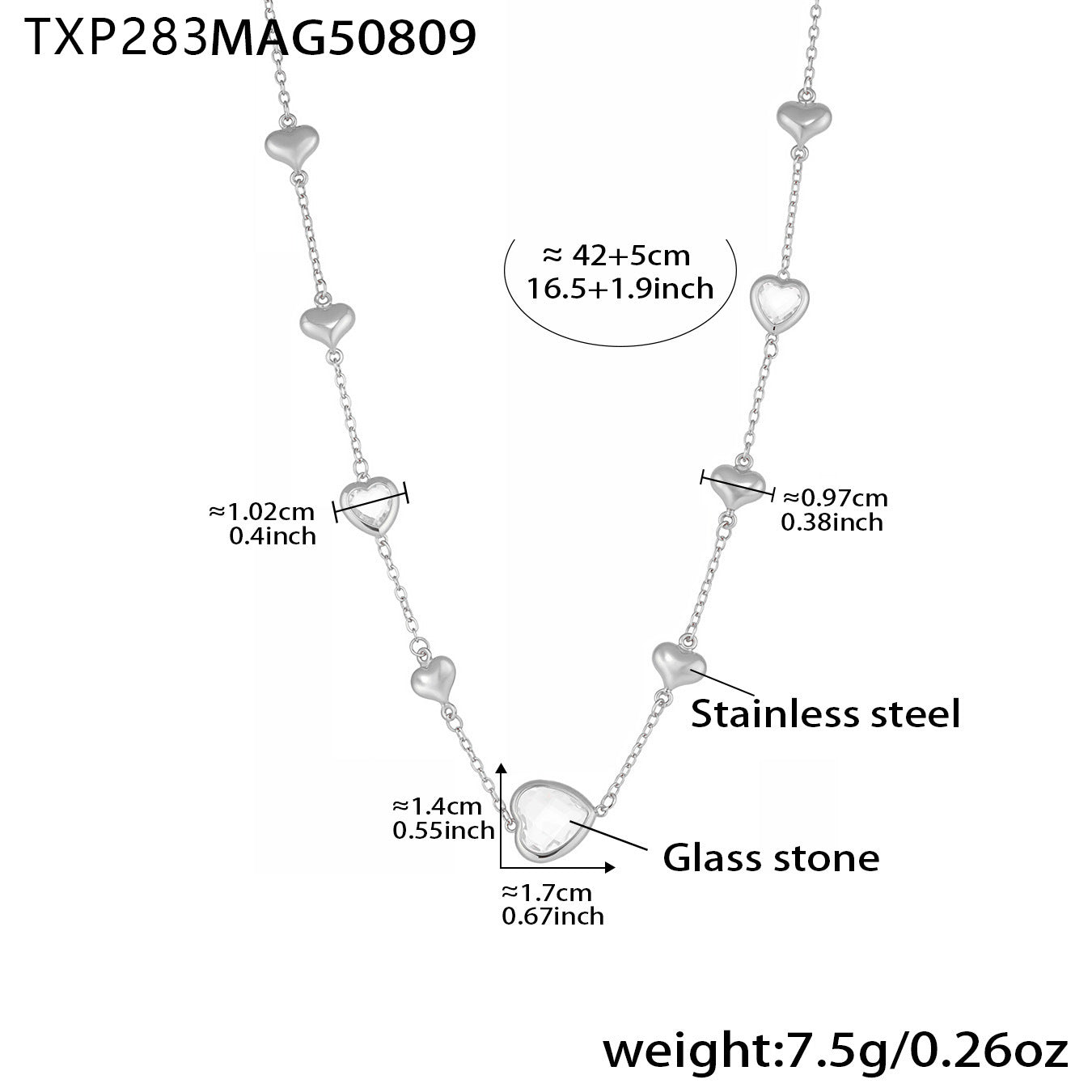 Cadena de clavícula de acero inoxidable con forma de corazón hueco y piedra de vidrio facetado