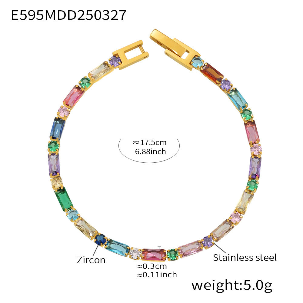 Rainbow-colored beaded bracelet with gold clasp – vibrant stainless steel jewelry on white background