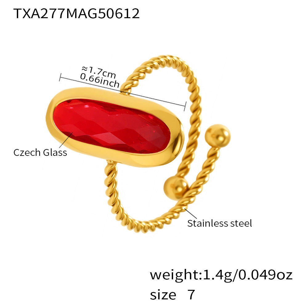 Red Czech sea glass bracelet in gold-tone stainless steel with labeled dimensions