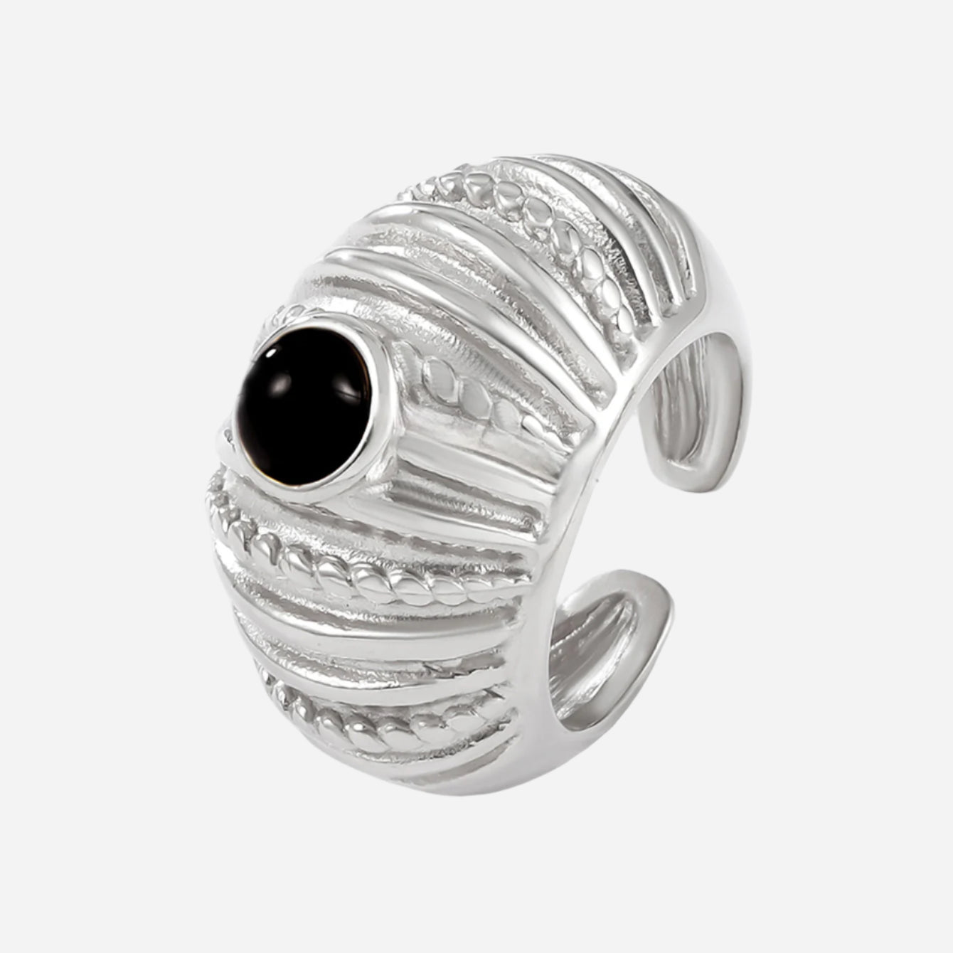 Silver ring with a black gemstone on a white background