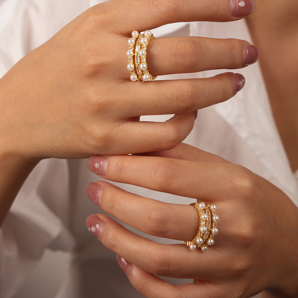 Geometric Imitation Pearl Ring – Open Zircon Accent Design