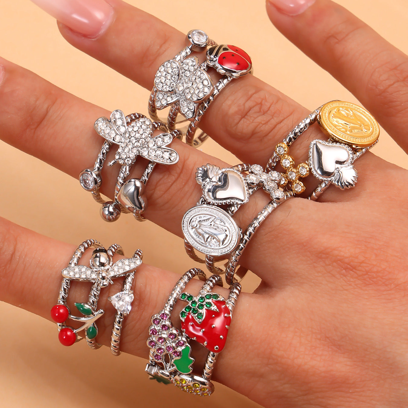 5A Zircon Handmade Oil Drop Cherry Open Rings