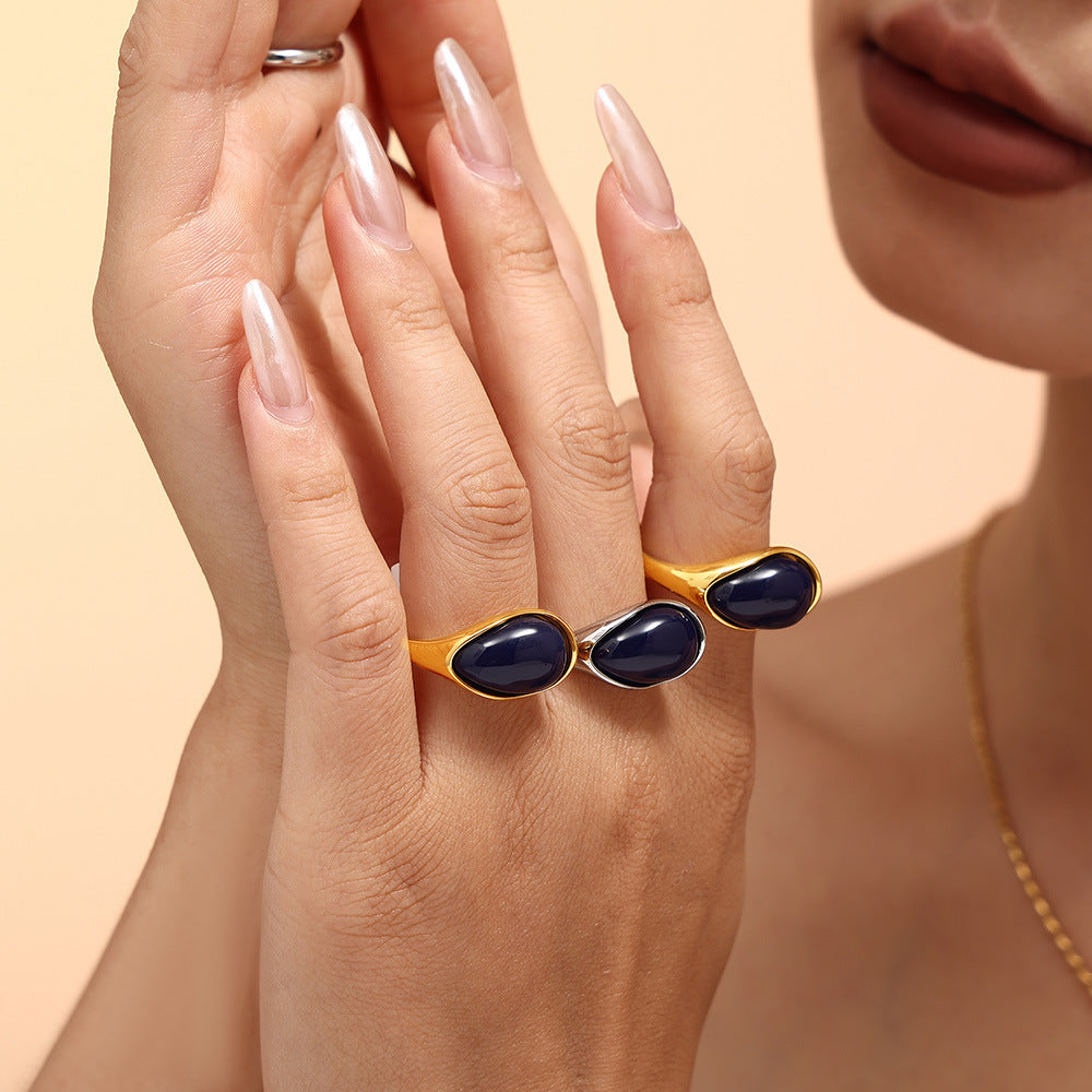 Teardrop Shape Lapis Blue Pine Resin Ring Stainless Steel