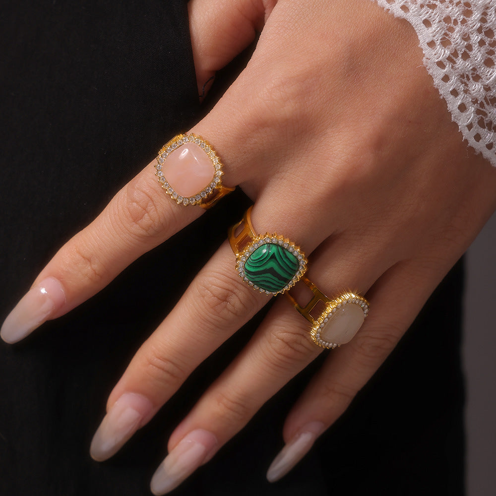 3A Zirconia Inlaid Natural Stone Open Ring Stainless Steel