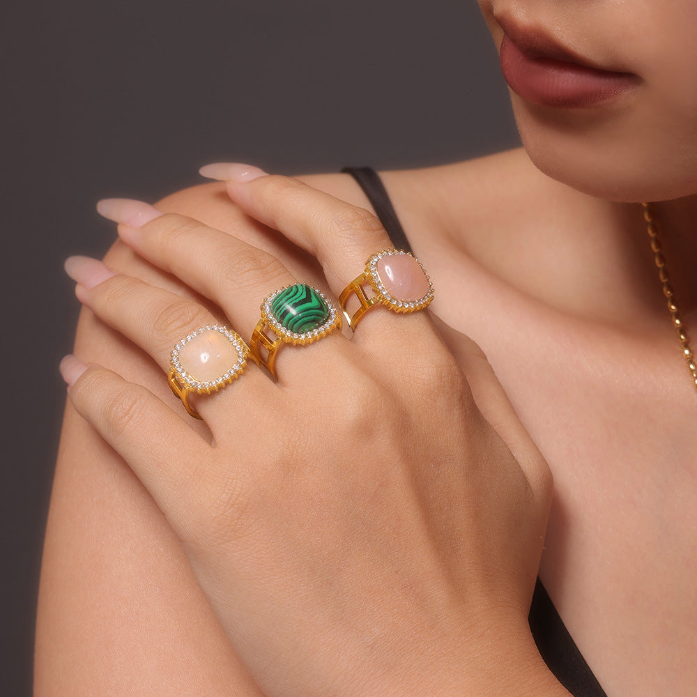 3A Zirconia Inlaid Natural Stone Open Ring Stainless Steel