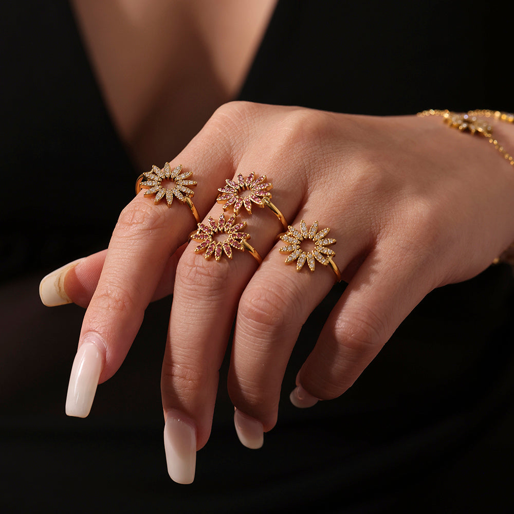 Sunflower Zircon Stainless Steel Adjustable Rings