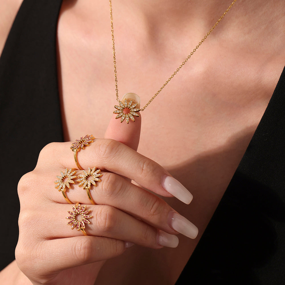 Sunflower Zircon Stainless Steel Adjustable Rings