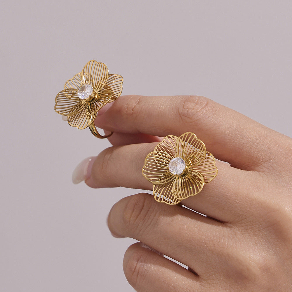 Zirconia Flower Tassel Ring Stainless Steel