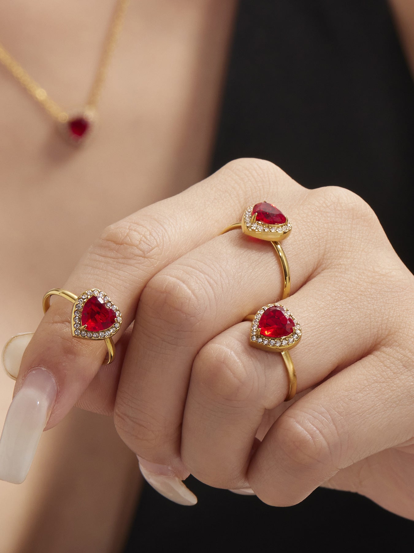 Starry Red Heart Rings With Zircon Stainless Steel