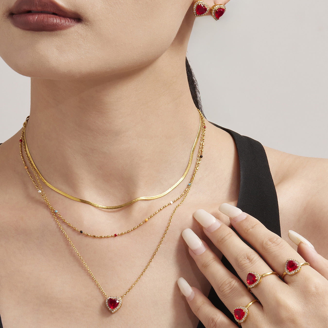 Starry Red Heart Rings With Zircon Stainless Steel