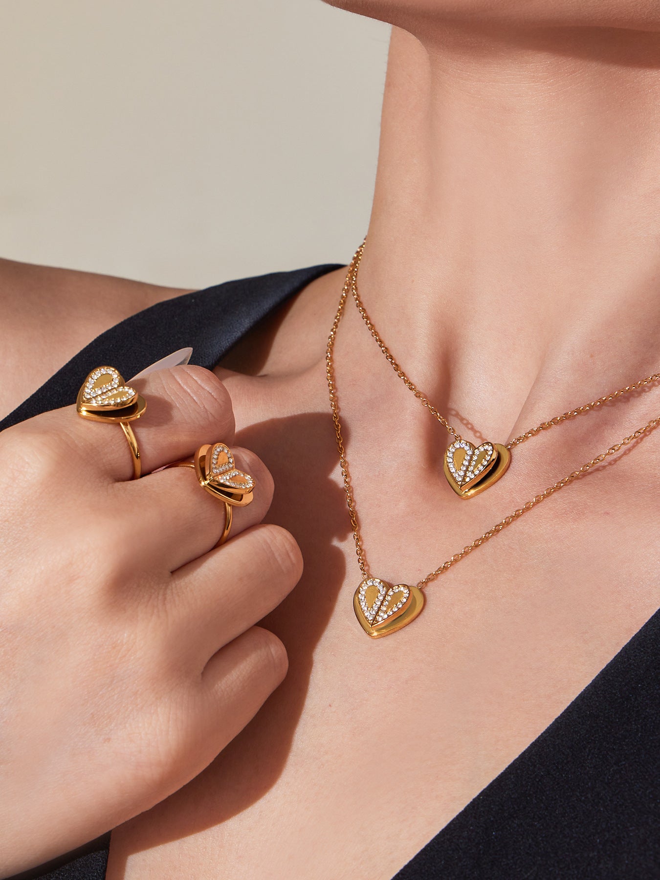 Super Shiny 5A Zircon Three-dimensional Double-layer Heart Rings