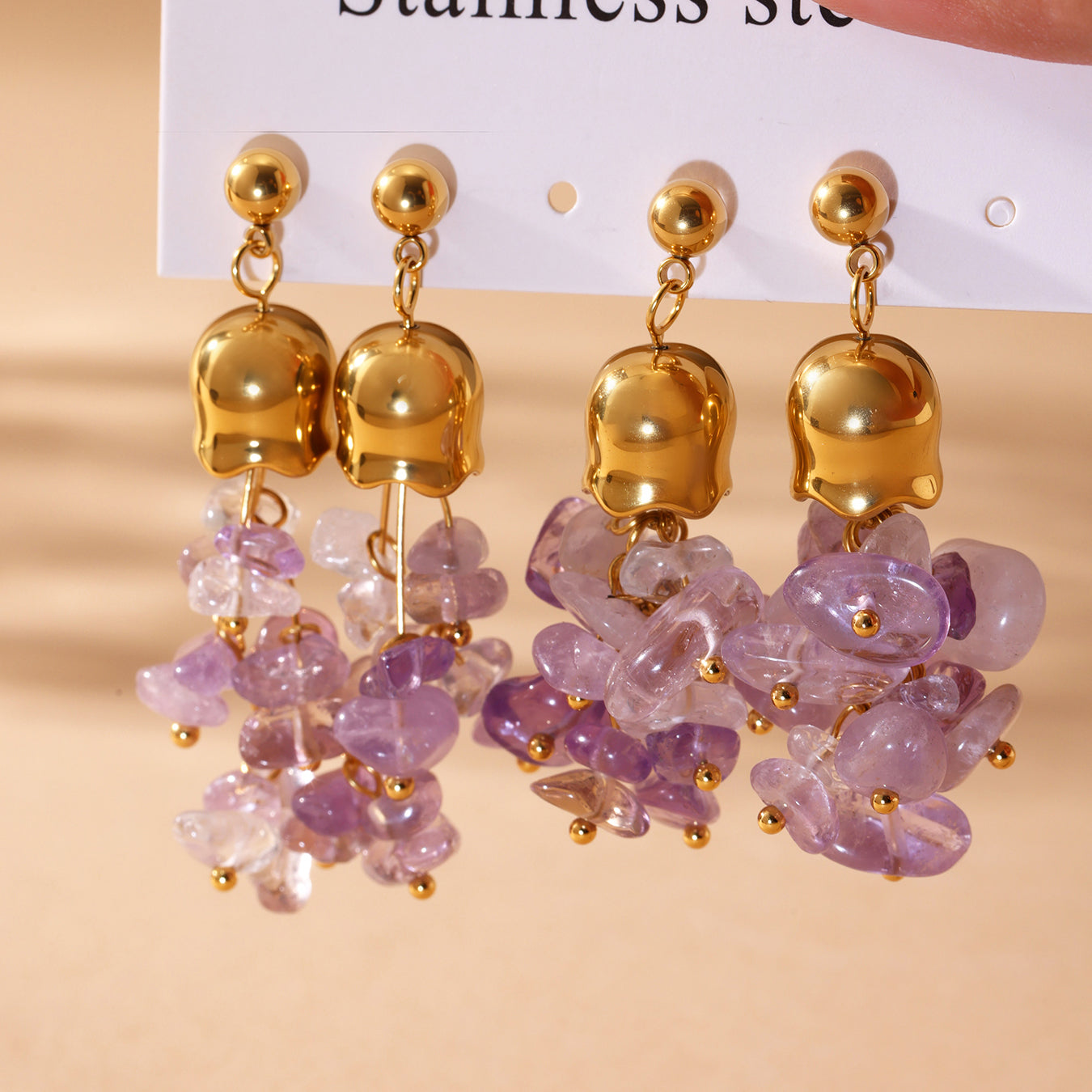 Natural Amethyst Tassel Stainless Steel Earrings