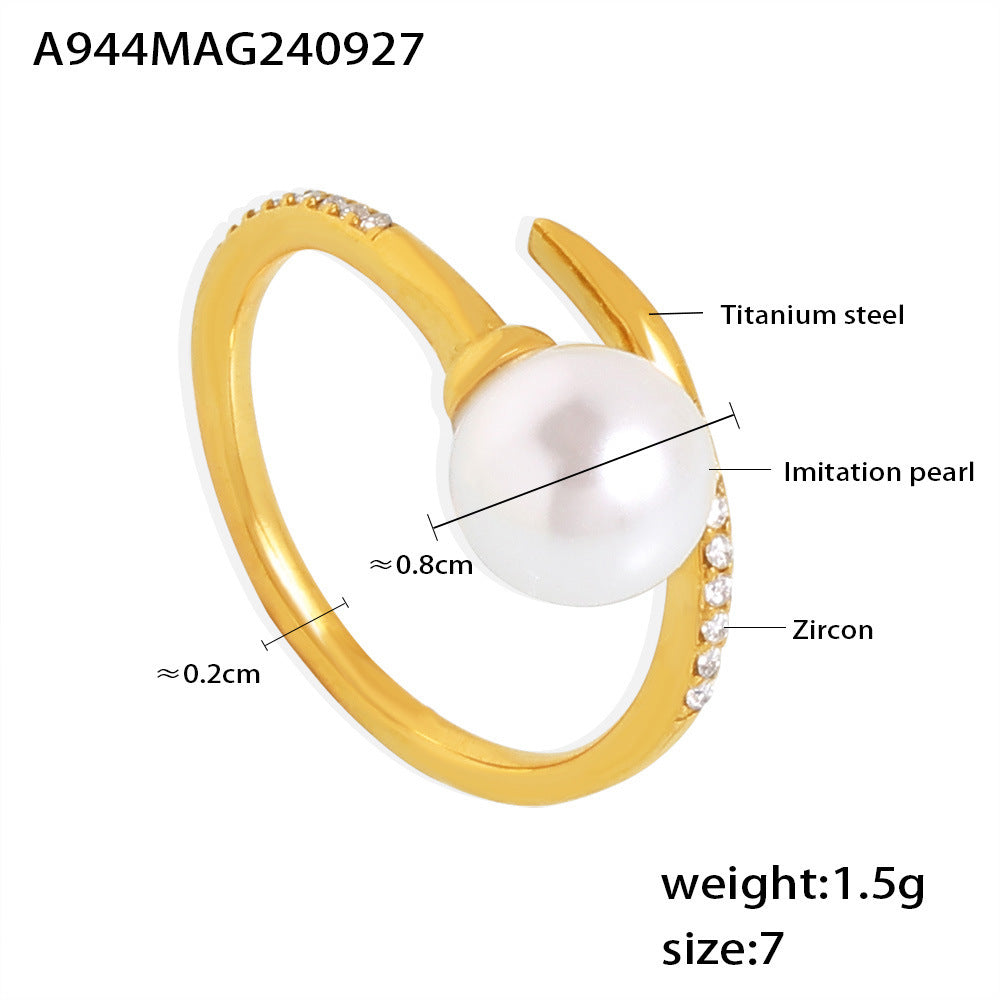 Adjustable stainless steel gold ring featuring shell pearl and zircon accents on a white backdrop