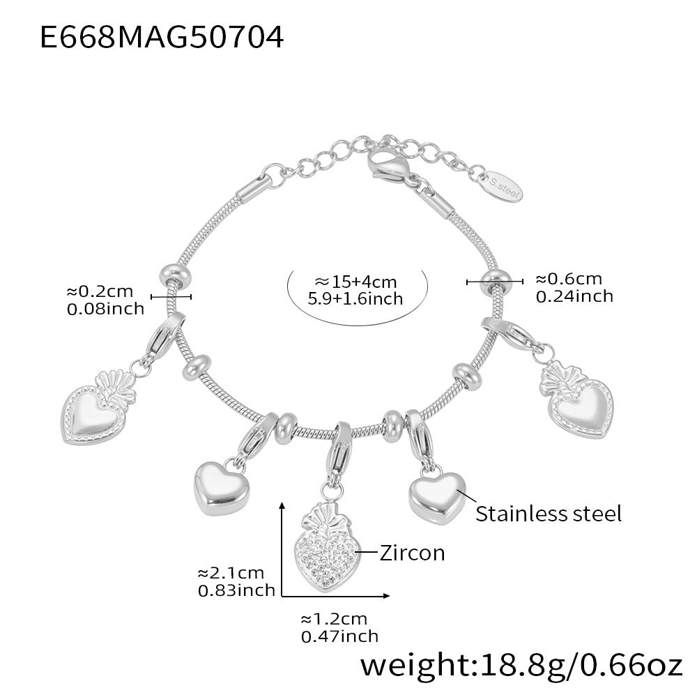 Silver DIY charm bracelet with heart and pineapple charms, showing size and material details – made of 304L stainless steel.