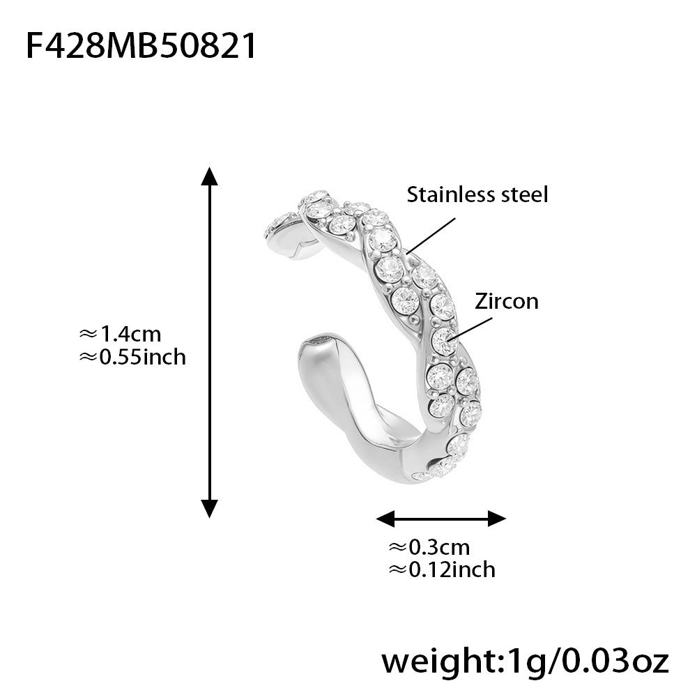 Size chart of silver ear cuff, minimalist non piercing ear clip with zircon accents.