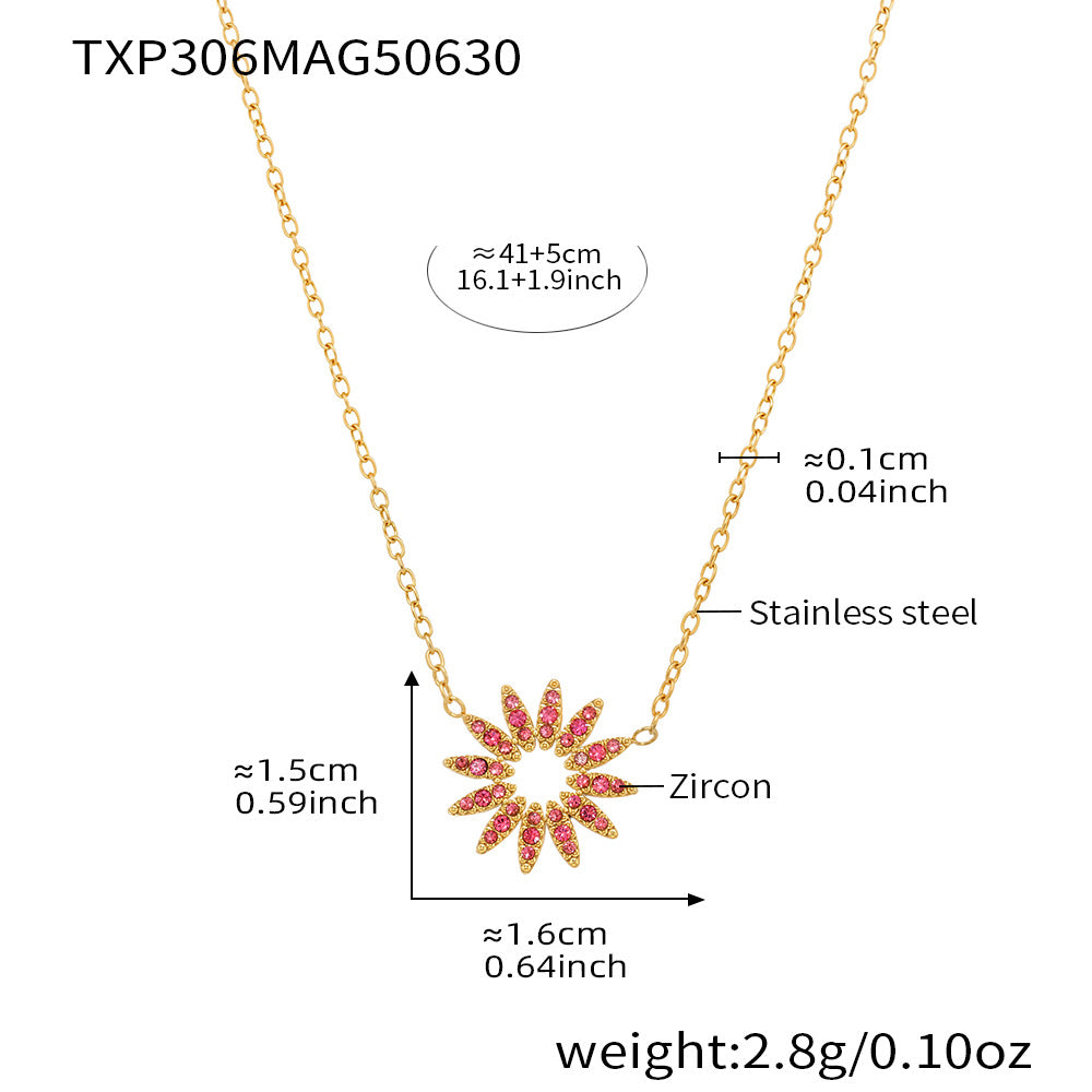 Size and dimension chart for pink zirconia sunflower charm necklace in gold