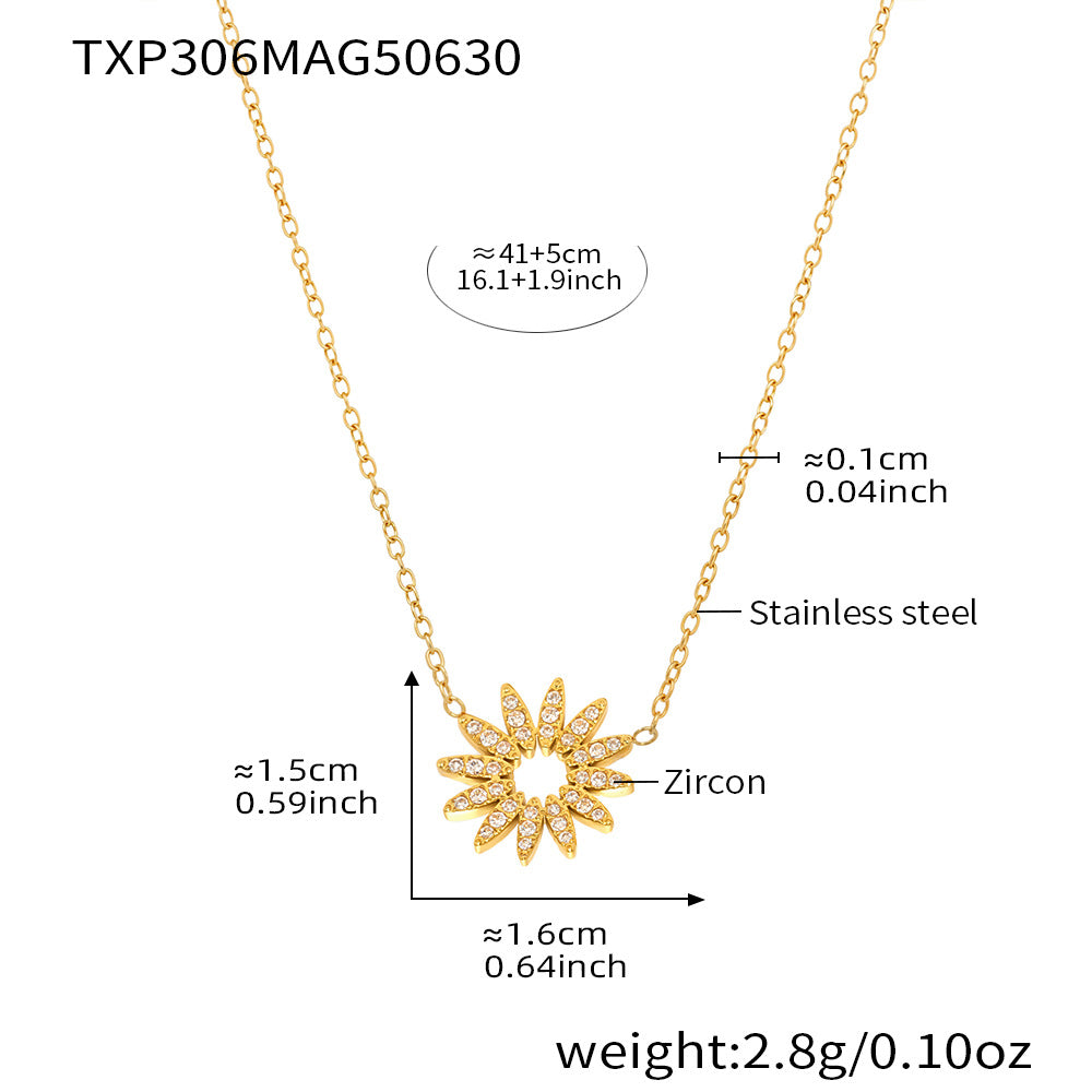 Size and dimension chart for white zirconia sunflower charm necklace in gold
