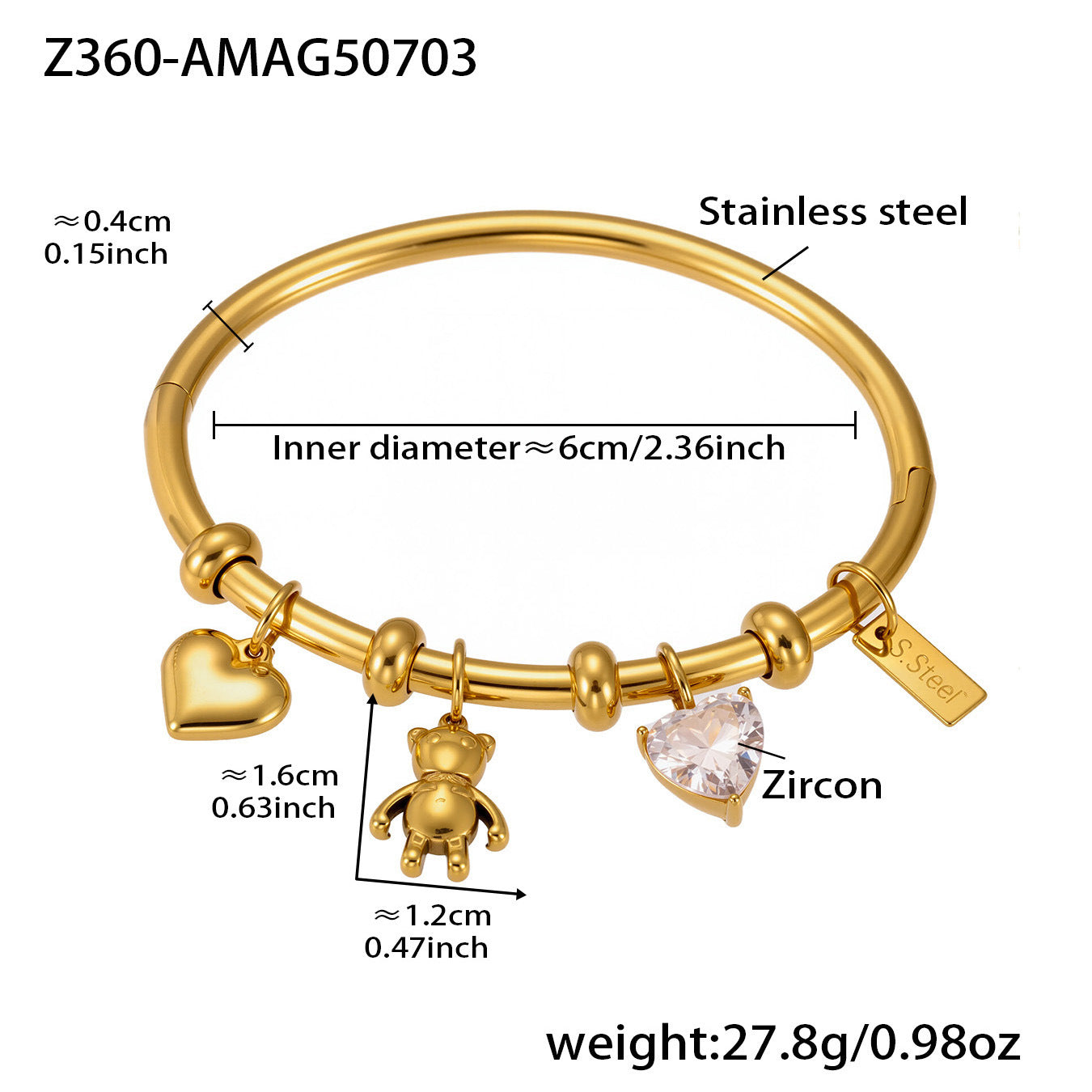 Flat lay of gold charm bracelet with size measurements on white background