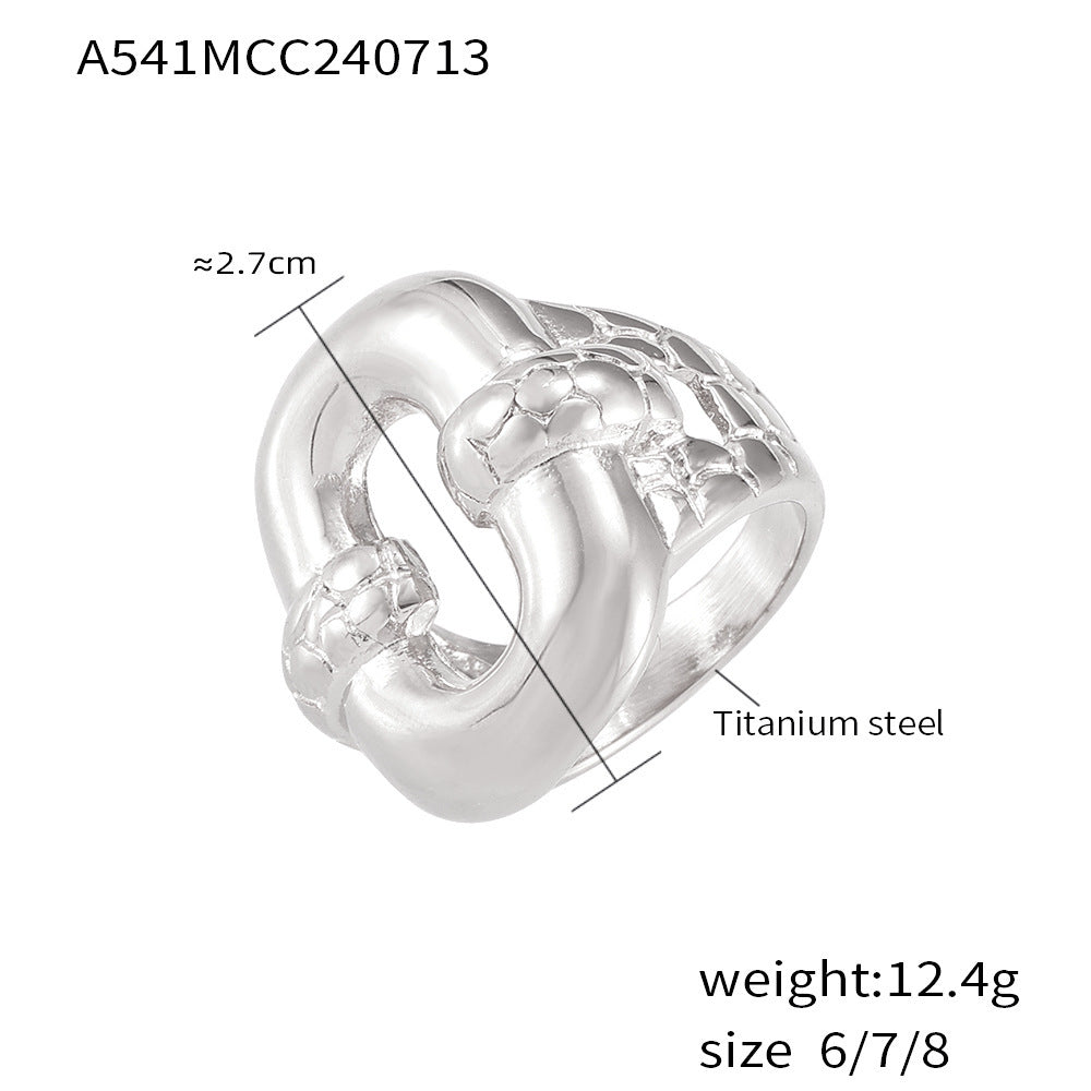 Adjustable silver ring with size measurements and material details on white background – hypoallergenic jewelry