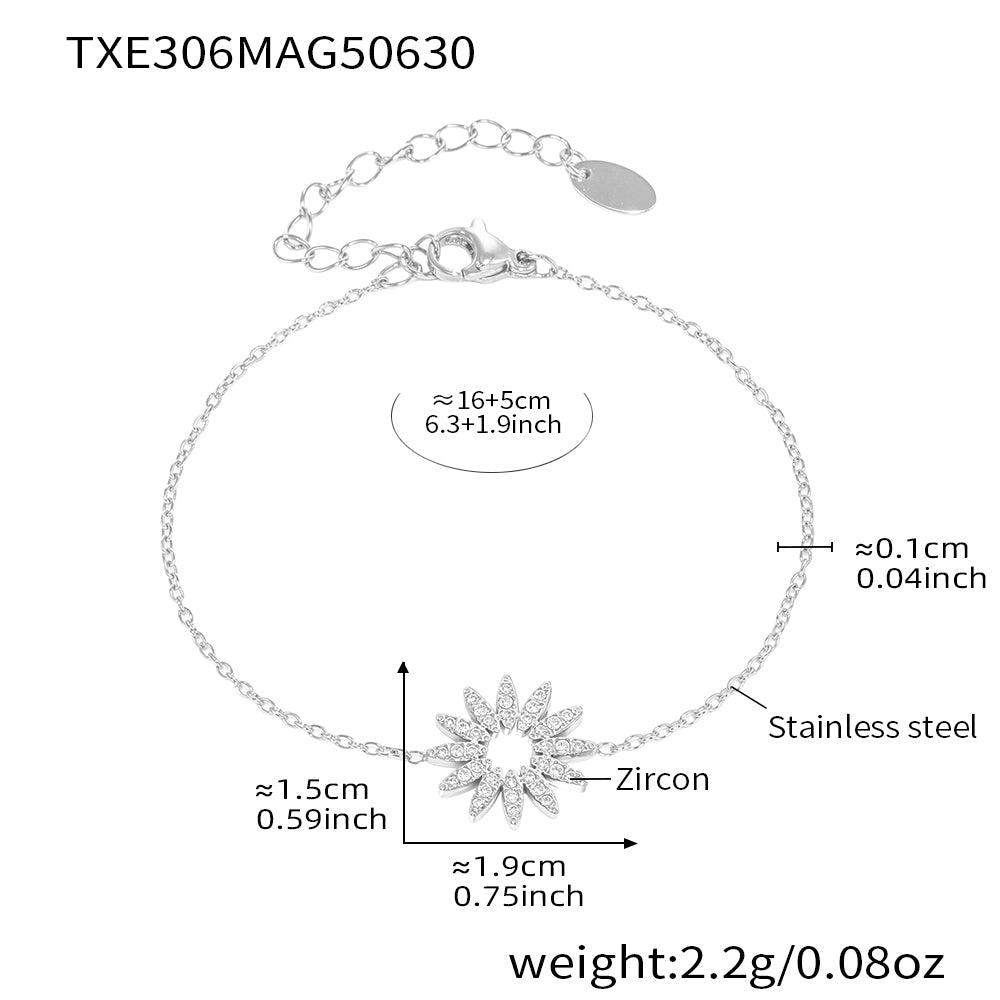 Silver tennis bracelet with zircon stones and sizing guide on white background