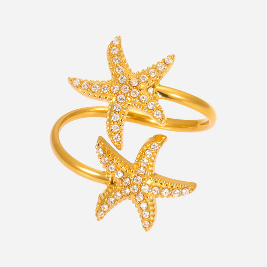 18K gold starfish star ring with cubic zirconia stones and open adjustable band