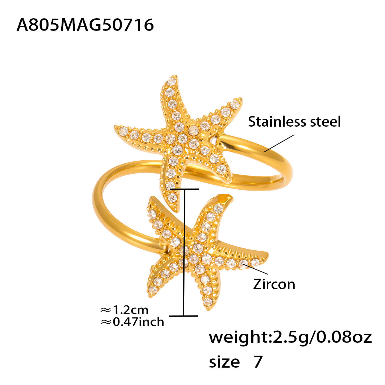 Starfish star ring in 18K gold with size measurements and open design details