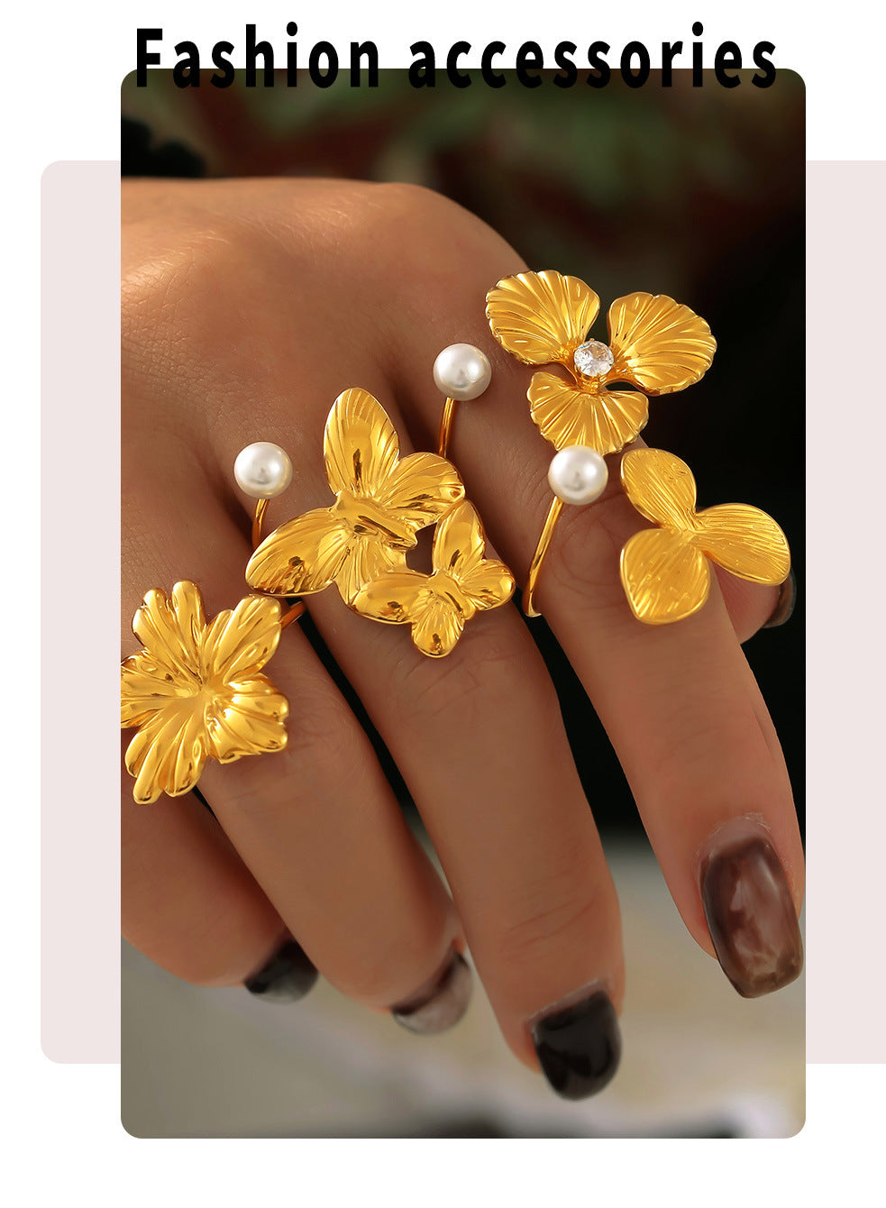 Woman wearing gold floral earrings and pearl ring on hand – close-up jewelry styling