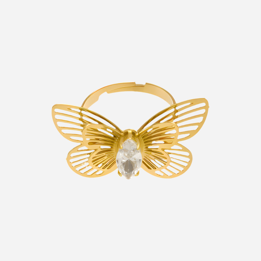 Gold butterfly-shaped ring with a central gemstone on a white background