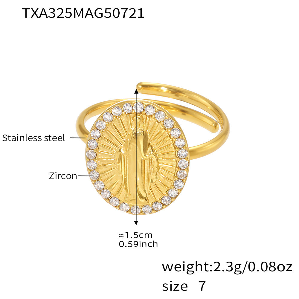 Gold ring with zircon details and measurement information on a white background
